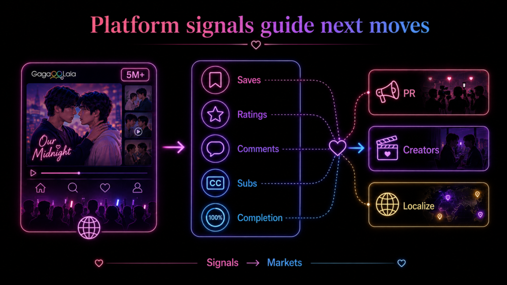 Japanese BL platform signals diagram showing saves, ratings, comments, subtitles, and completion guiding PR, creators, and localization.