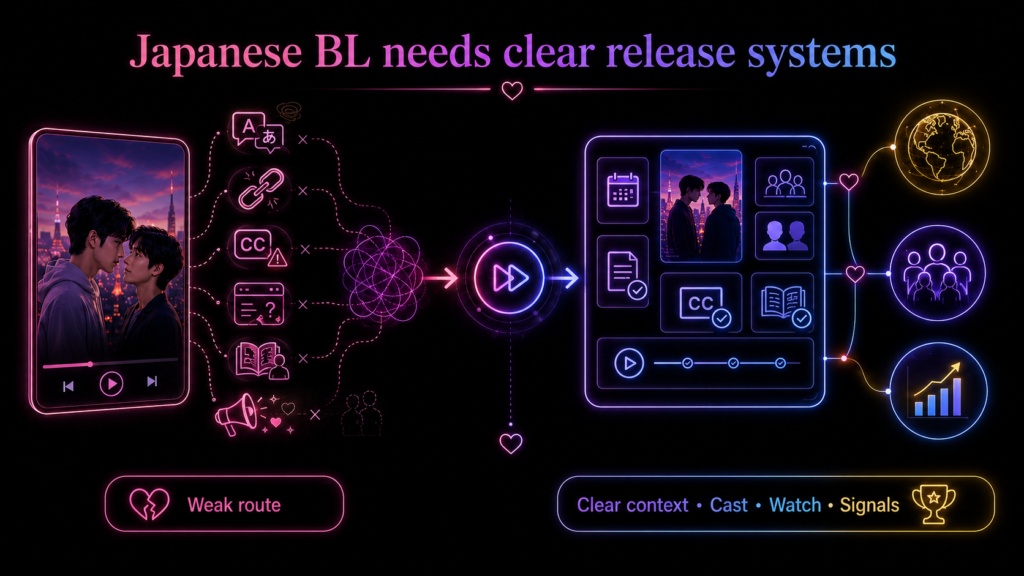 Japanese BL release system diagram showing weak watch routes replaced by clear context, cast pages, subtitles, legal access, and fan signals
