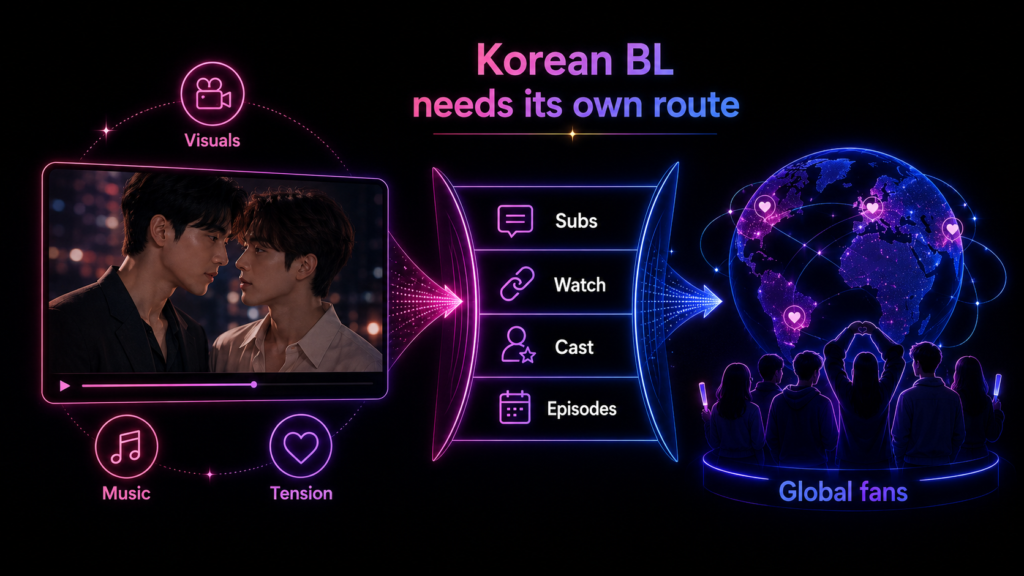 Korean BL audience route diagram showing polished visuals, subtitles, watch links, cast context, episodes, and global fans