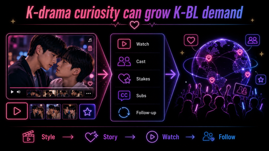 Korean BL growth diagram showing K-drama curiosity leading through watch, cast, stakes, subtitles, and follow-up to fans.