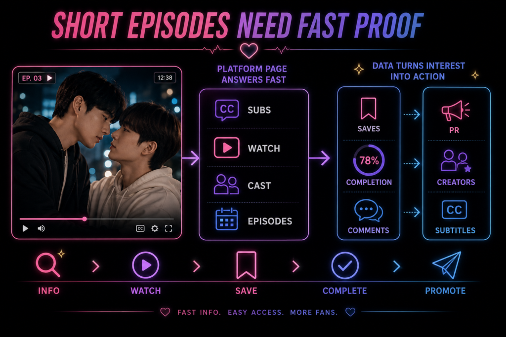 Korean BL platform diagram showing subs, watch links, cast, episodes, saves, completion, comments, and promotion