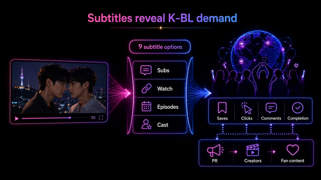 Korean BL subtitle diagram showing 9 subtitle options, watch access, episodes, cast, and fan signals guiding PR and content