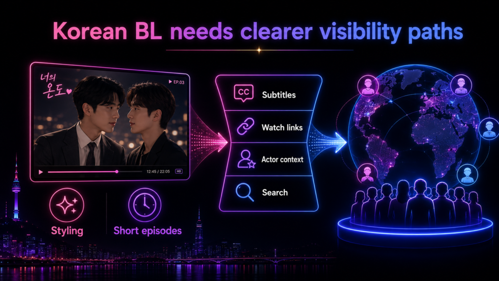 Korean BL visibility diagram showing short episodes, styling, subtitles, watch links, actor context, and global search.