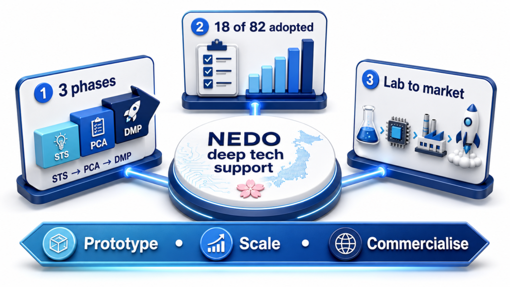 NEDO deep tech infographic 3 phases, 18 of 82 adopted, showing lab-to-market support for prototype and scale