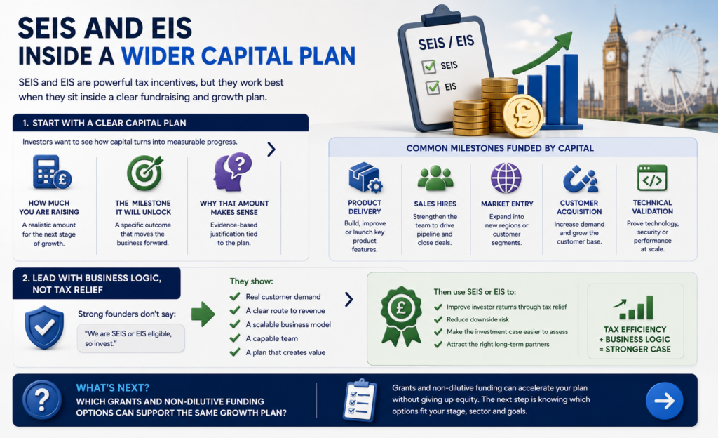 SEIS and EIS infographic showing how tax relief fits into a wider capital plan with milestones, funding use, and business logic.