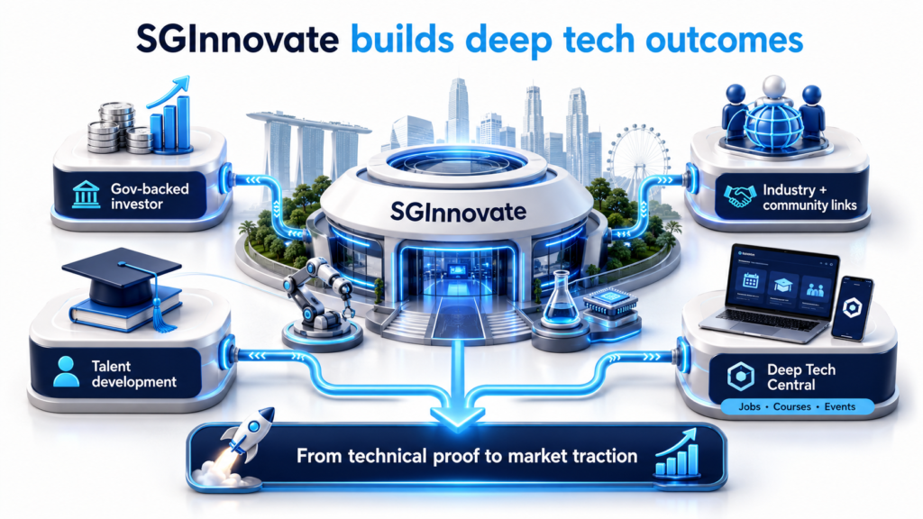 SGInnovate infographic government-backed deep tech investor, talent development, industry links, and Deep Tech Central
