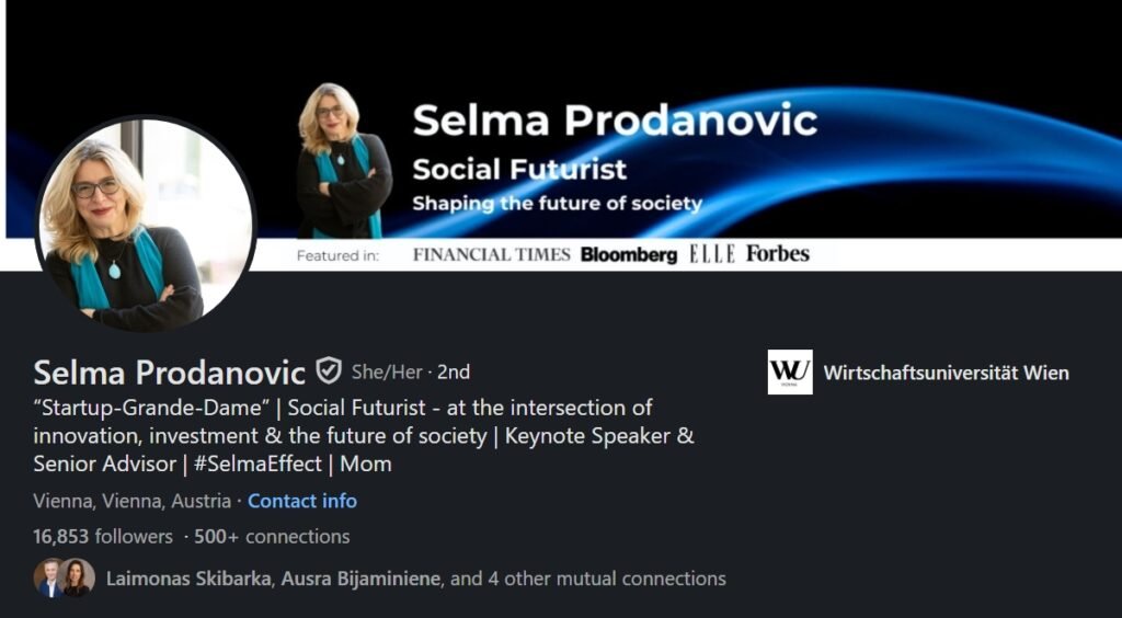 Selma Prodanovic Startup-Grande-Dame and angel investor LinkedIn profile