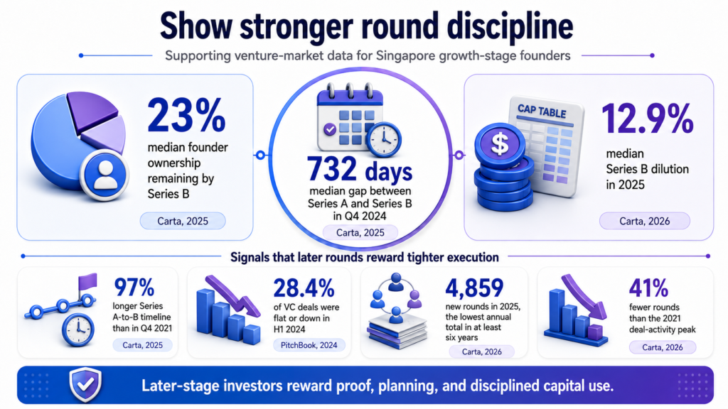 Series B infographic 23% founder ownership, 732-day A to B gap, 12.9% dilution, 28.4% flatdown deals, Singapore VC