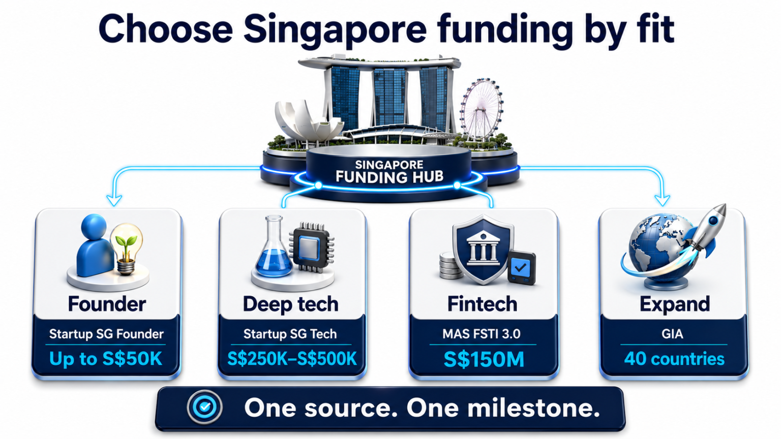 Singapore funding fit infographic Founder S$50K, SG Tech S$250K-S$500K, FSTI S$150M, GIA 40 countries by fit.