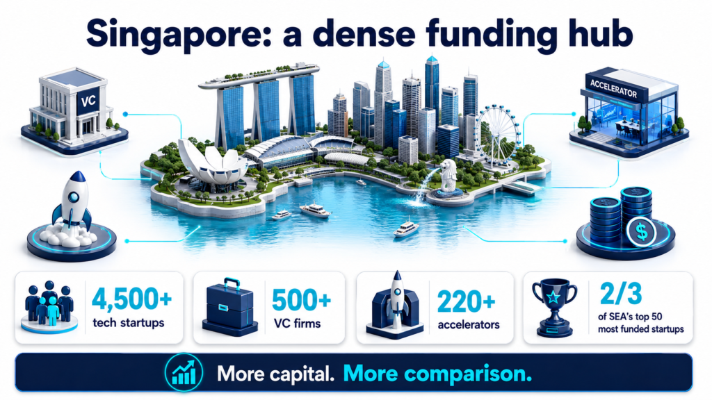 Singapore funding hub infographic 4,500+ tech startups, 500+ VC firms, 220+ accelerators, and 23 of top SEA startups.