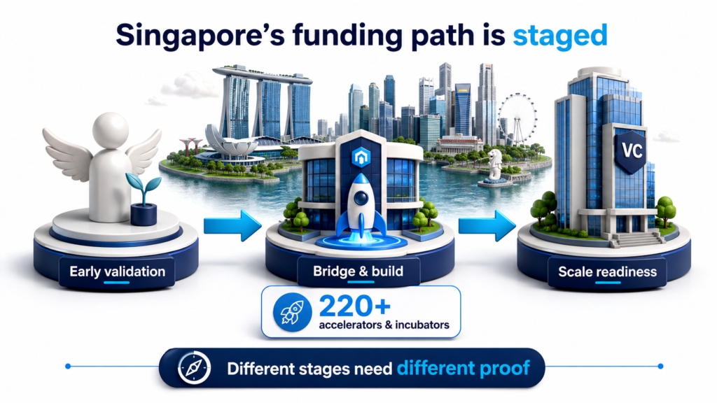Singapore funding path infographic 220+ accelerators and incubators support early validation, bridge building, and scale readiness