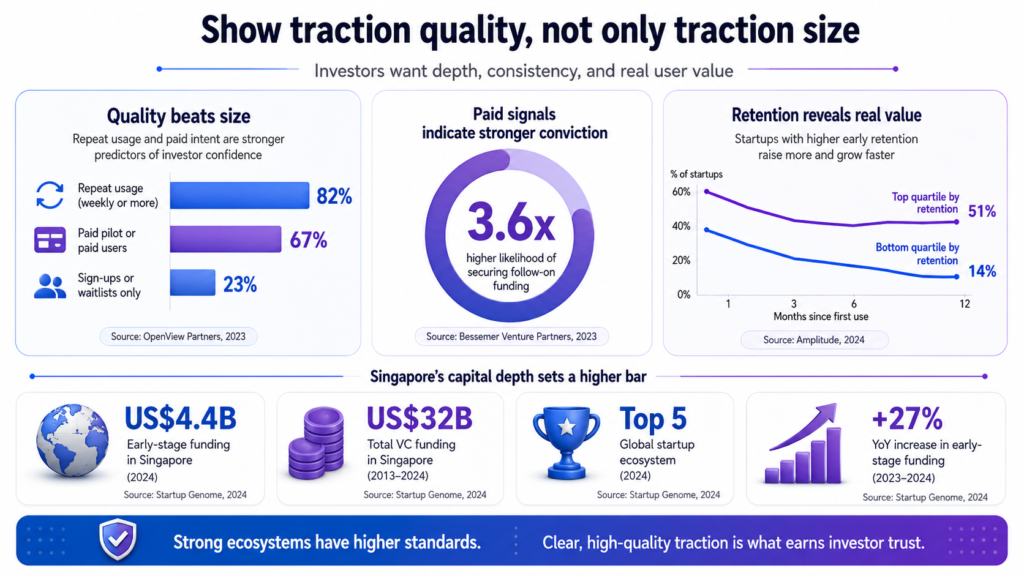 Singapore startup traction infographic US$4.4B early-stage, US$32B VC, 3.6x paid-pilot edge, 82% repeat use, +27% YoY gains