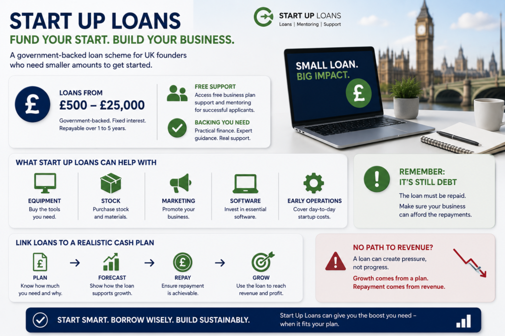 Start Up Loans infographic showing £500 to £25,000 funding, mentoring support, and the need for a realistic repayment plan.