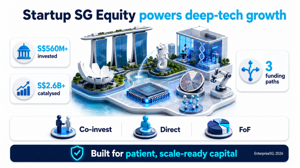 Startup SG Equity infographic S$560M invested, S$2.6B catalysed, and 3 funding paths for deep-tech growth.