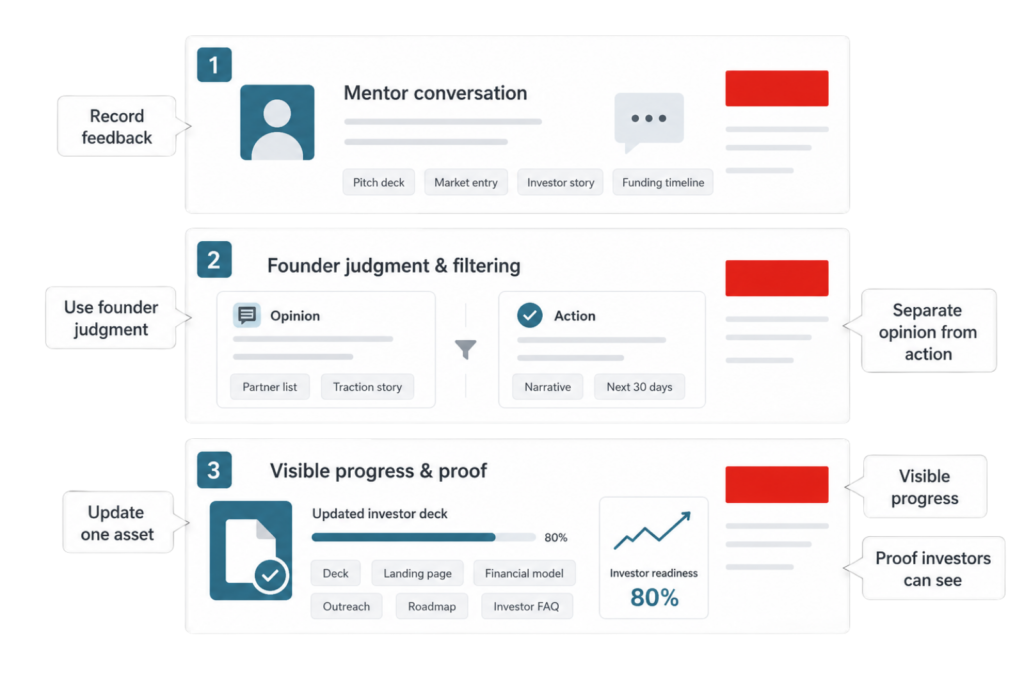 Startup mentors in Thailand graphic showing feedback, founder judgment, asset updates, and investor proof progress flow