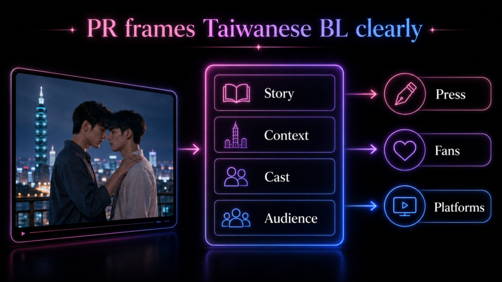 Taiwanese BL PR diagram showing story, cultural context, cast, and audience framing guiding press, fans, and platforms
