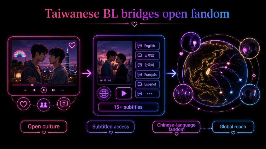Taiwanese BL diagram showing open LGBTQ+ screen culture, subtitled access, Chinese-language fandom, and global reach.