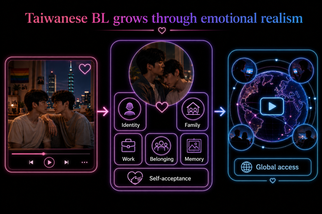 Taiwanese BL emotional realism diagram showing identity, family, work, belonging, memory, self-acceptance, and global access