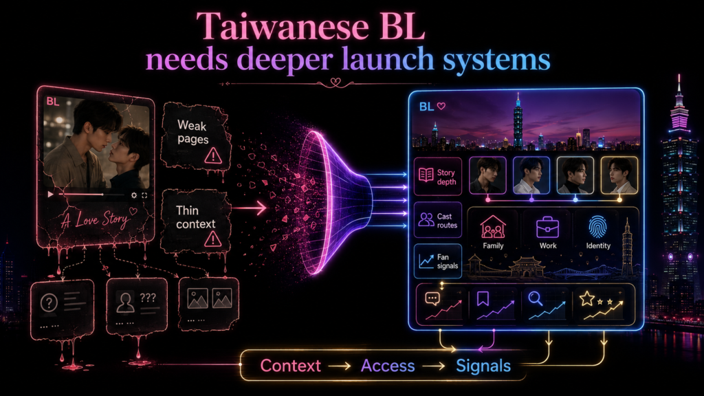 Taiwanese BL launch system diagram showing weak pages replaced by context, access, cast routes, and fan signals clearly.