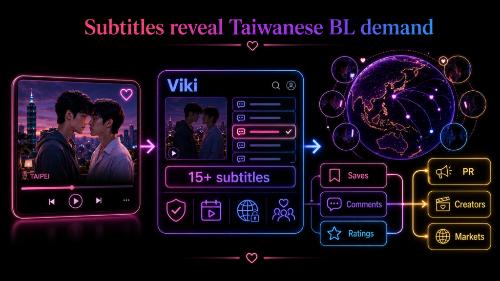 Taiwanese BL subtitle diagram showing Viki access, 15+ subtitle options, saves, comments, ratings, PR, creators, and market demand