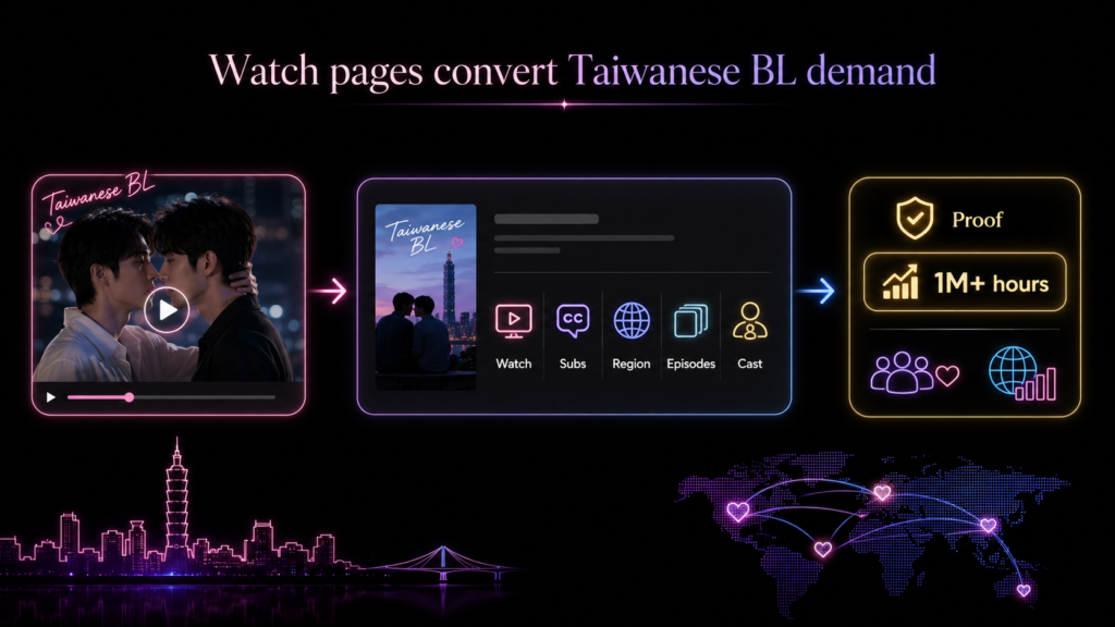 Taiwanese BL watch page diagram showing subtitle access, episode details, cast info, and watch hours turning fan interest into proof.