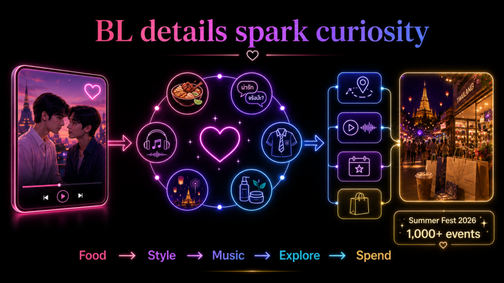 Thai BL curiosity diagram showing food, slang, music, style, and events turning fan interest into exploration and spending