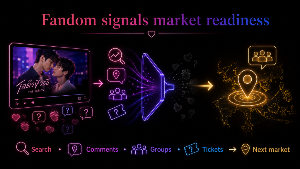 Thai BL fandom signal diagram showing search, comments, groups, and ticket questions guiding the next market push.