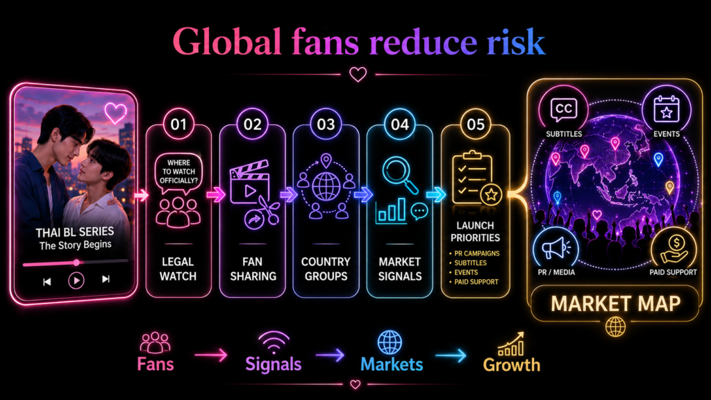 Thai BL market map diagram showing how global fans create signals, guide subtitles, events, PR, and growth decisions.