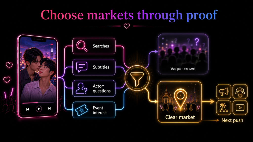 Thai BL market proof diagram showing searches, subtitles, actor questions, and event interest guiding clear expansion markets.