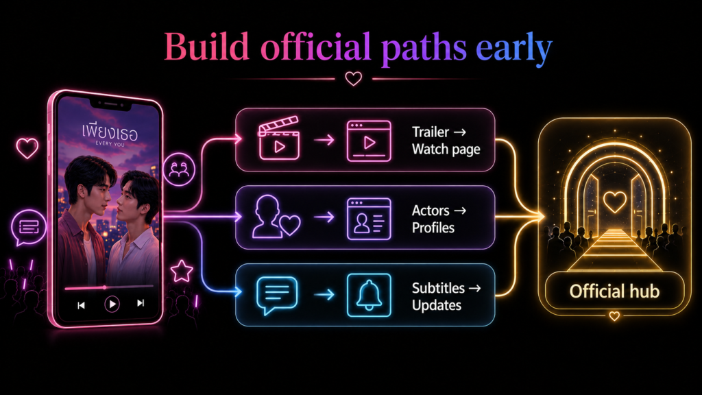 Thai BL official paths diagram showing trailers, actor profiles, and subtitle updates guiding fans into one trusted hub.