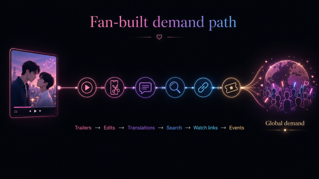 Thai BL series marketing diagram showing fan-led demand from trailers, edits, translations, search, links, and events.