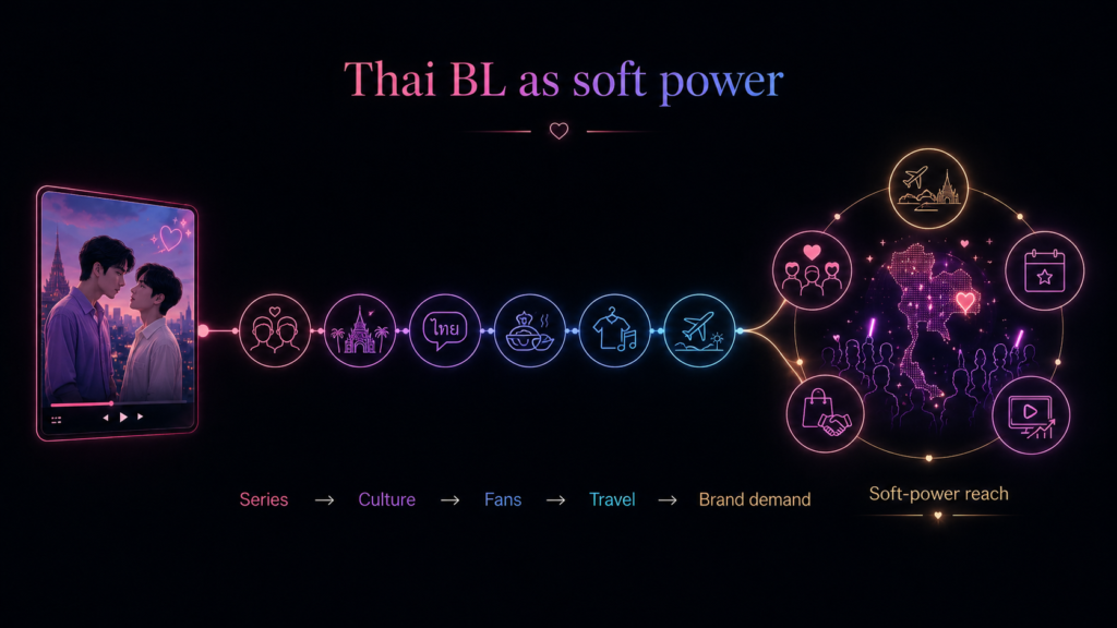Thai BL soft-power diagram showing series driving culture, fans, travel, brand demand, and wider fan reach.