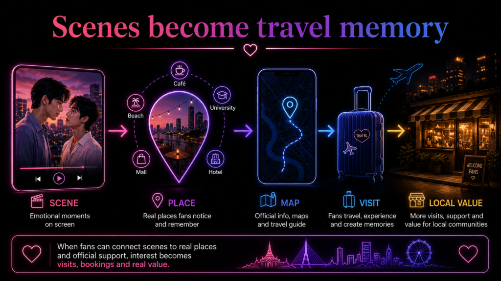 Thai BL tourism diagram showing scenes becoming travel memory through places, maps, visits, and local business value.