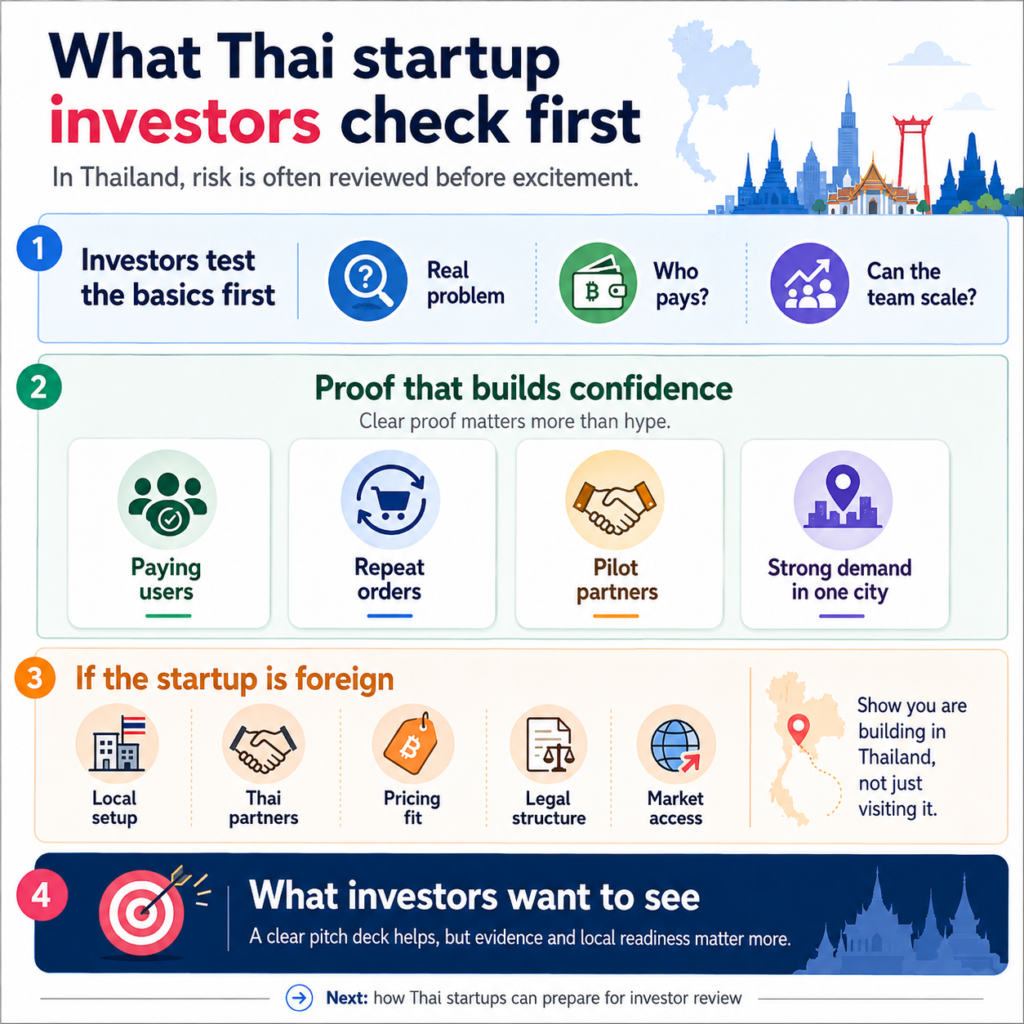 Thai startup investor checklist risk review, paying users, repeat orders, pilot partners, local setup, pricing, legal fit