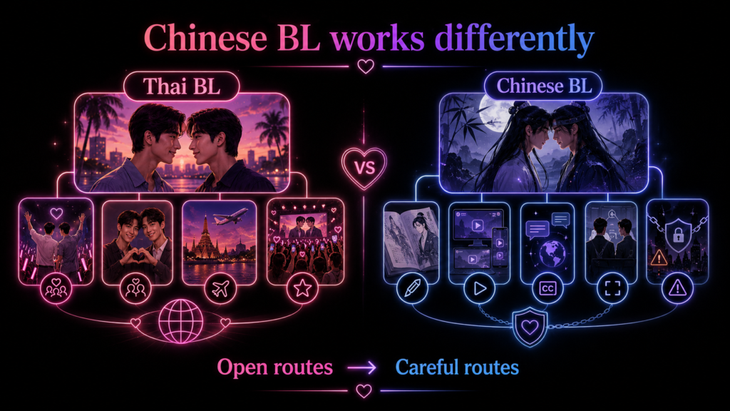 Thai vs Chinese BL diagram showing open Thai fan routes compared with careful Chinese BL release and platform paths.