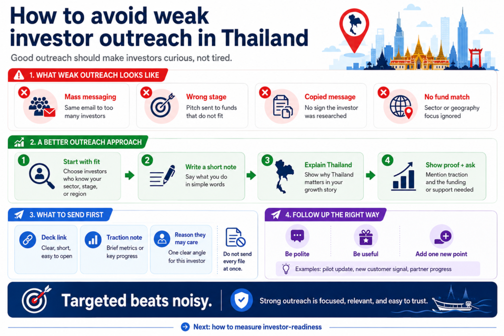 Thailand investor outreach guide showing targeted VC fit, short pitch notes, deck links, traction proof, and follow-up tips.
