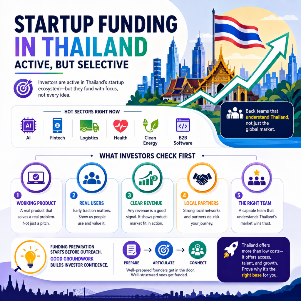 Thailand startup funding guide showing selective capital, hot sectors, investor checks, proof, users, revenue, partners, team