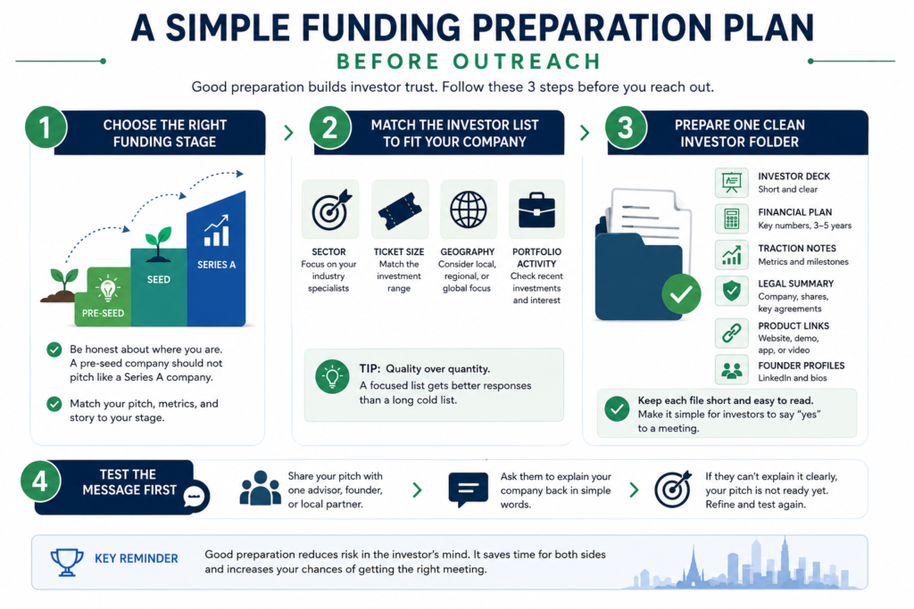 Thailand startup funding plan stage fit, investor list, clean folder, deck, financials, traction, legal notes, message test