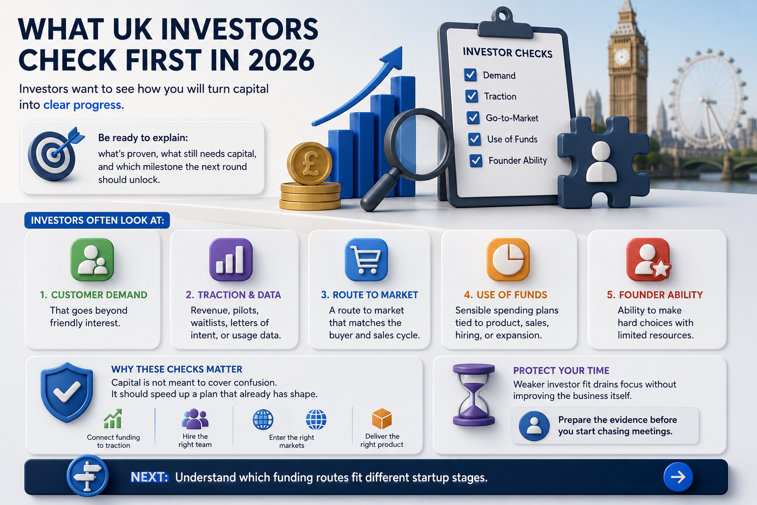 UK investor checks infographic showing demand, traction, route to market, use of funds, and founder ability for 2026 funding.