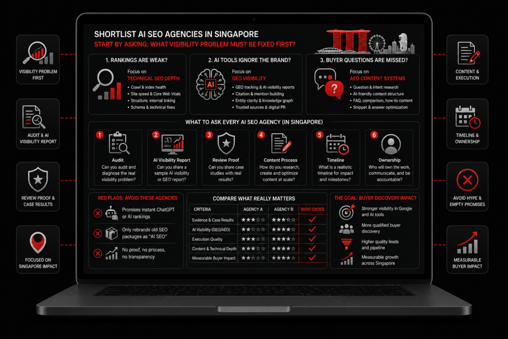 AI SEO agencies in Singapore dashboard shows technical SEO, GEO, AEO, audit proof, red flags, and buyer discovery impact too.