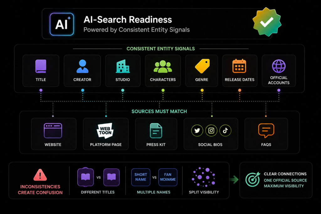 AI-search webtoon entity signals matching across website, platform, socials, press, FAQs.