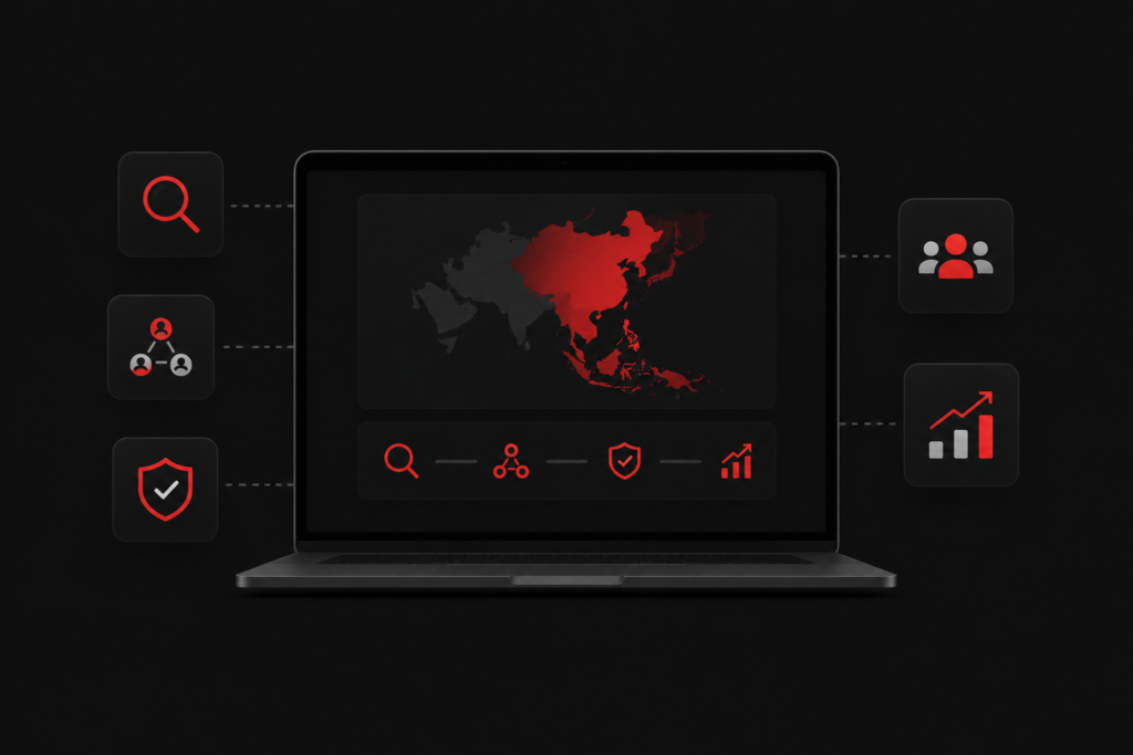 Market entry specialists dashboard shows Asia expansion map with icons for market fit, buyer access, trust, and go-to-market steps.