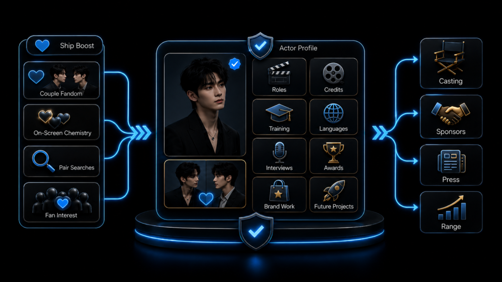 BL actor profile infographic showing ship interest feeding wider identity through roles, credits, training, sponsors, press, and range