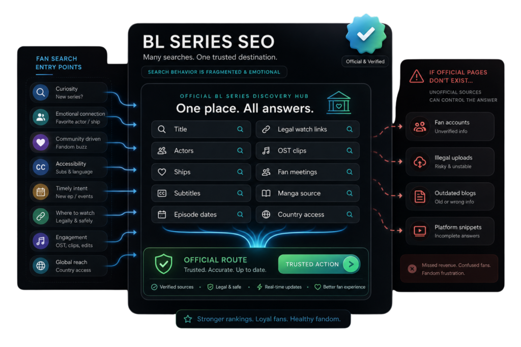 BL series SEO infographic showing fan searches for actors, ships, subtitles, legal watch links, and unofficial sources risks