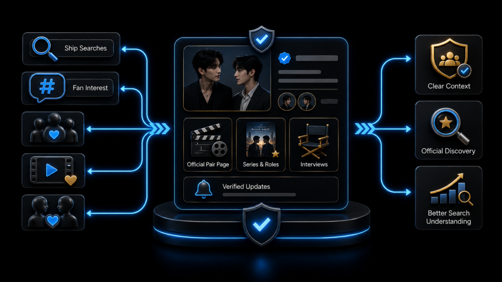 BL ship search visibility infographic showing fan interest routed to an official pair page with series, roles, interviews, verified updates, and clearer discovery.