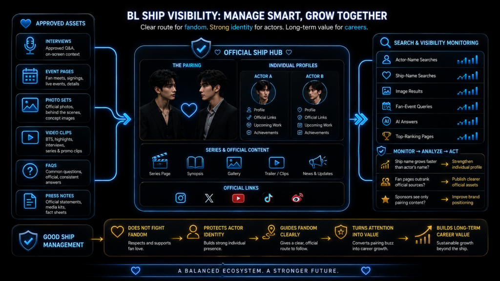 BL ship visibility infographic showing search tracking, actor profiles, fan routes, official assets and career value signals