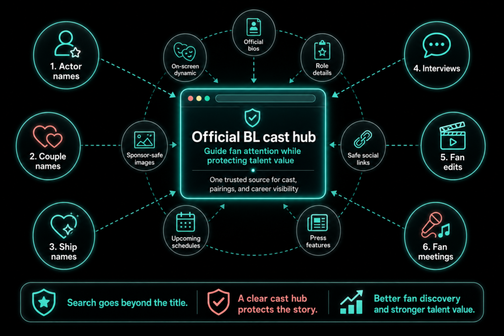 Black BL cast hub infographic showing actor, couple, ship, interview, fan edit and fan meeting searches linked to cast value