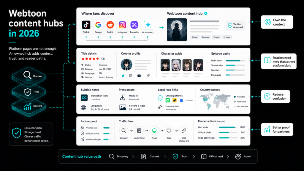 Black infographic of a webtoon content hub linking discovery, creator pages, legal links, trust signals, and reader actions