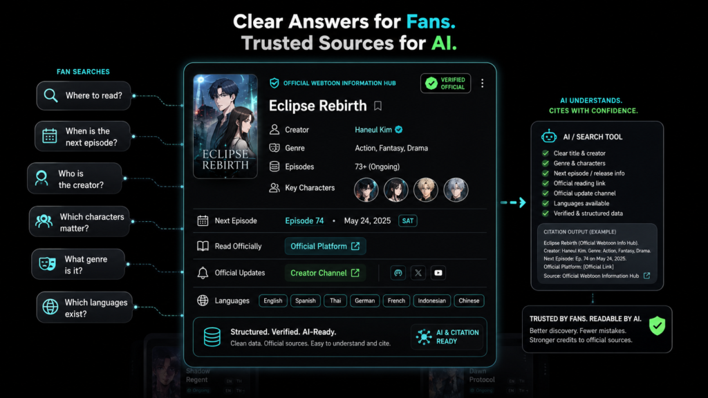 Black webtoon content hub infographic showing fan questions, official links, languages, and AI citation-ready source panels