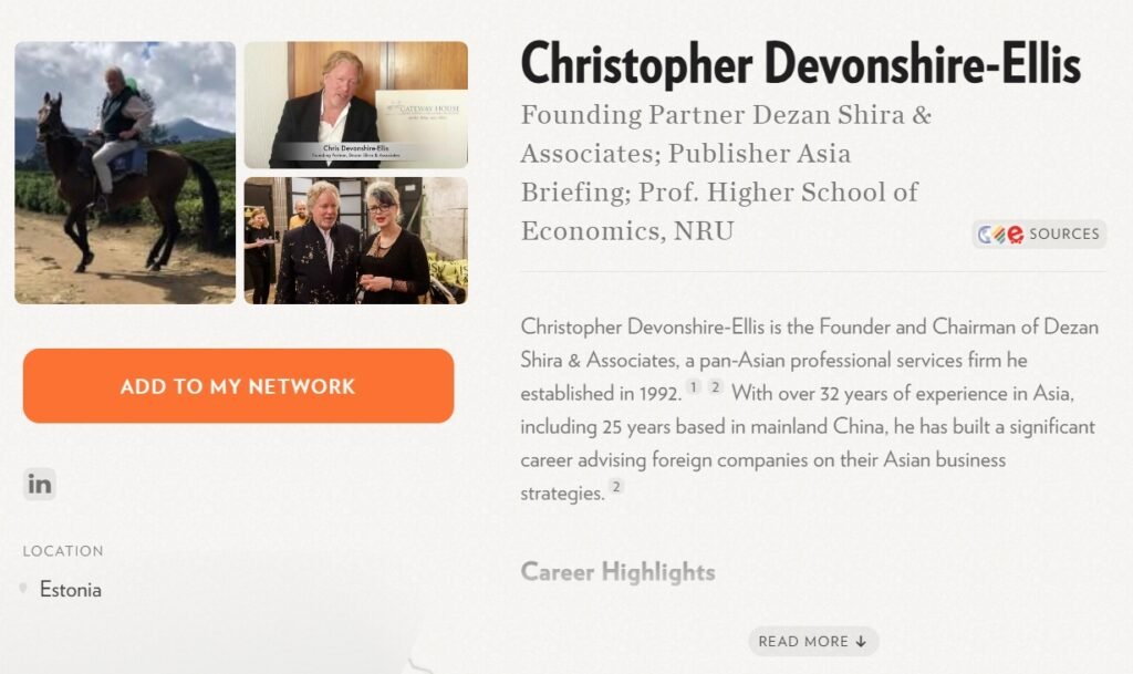 Chris Devonshire-Ellis as founderfounding partner and chairman of Dezan Shira & Associates, with the firm focused on foreign direct investment, corporate establishment, business advisory, tax, accounting, payroll, due diligence, and emerging Asia market support